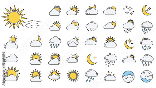 Collection of colorful weather icons featuring sun clouds rain and moon symbols for meteorological forecasts or apps.