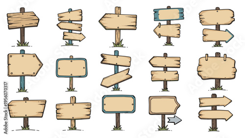 Collection of hand drawn wooden signs and directional pointers for trails parks and outdoor rustic themed designs.