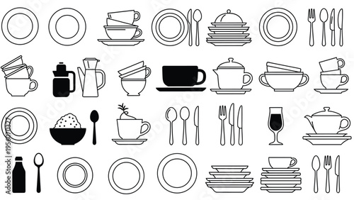Set of tableware and kitchen service icons in black and white line art including dishes cups teapots and cutlery for dining.