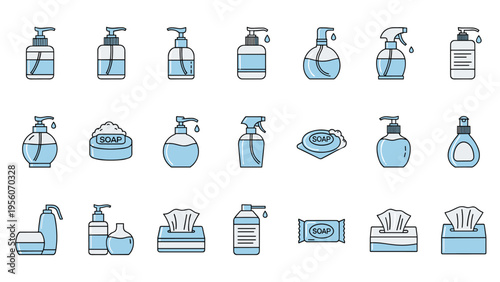 Hygiene and cleaning product icons set featuring soap dispensers spray bottles and tissues for health and sanitation.