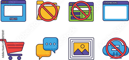 Web UI and Digital Interface Icon Set with Browser Window, Restricted Folder, Blocked Content, Dashboard, Chat, Shopping Cart and Cloud Storage Vector Illustration