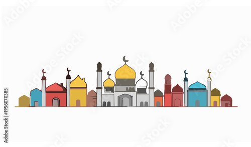 Minimal Ramadan Kareem Monoline Mosque and Houses Geometric Islamic Vector Background