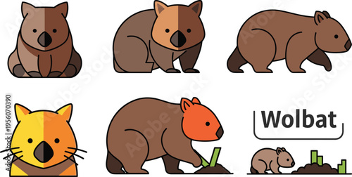 Wombat Vector Character Set Featuring Cute Australian Marsupial Illustrations Exotic Wildlife Animals and Nature Icons for Childrens Books Education and Wildlife Conservation Designs