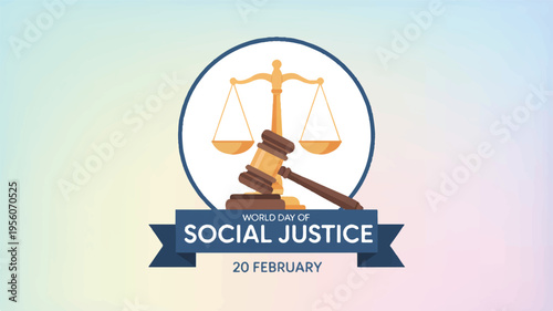 Social justice symbol: scales of justice and gavel illustration with text for law and fairness with human rights