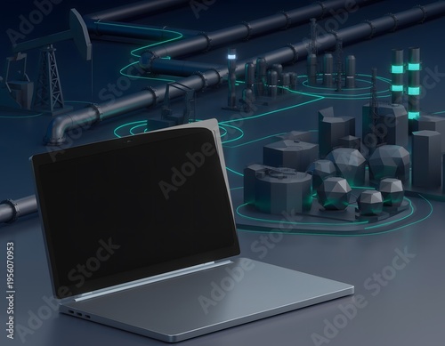 Modern Laptop with Blank Screen Mockup Over Stylized Green Energy Landscape and Sustainable Power Grid with Renewable Wind Turbines and Solar Panels for Eco Friendly Technology Concept