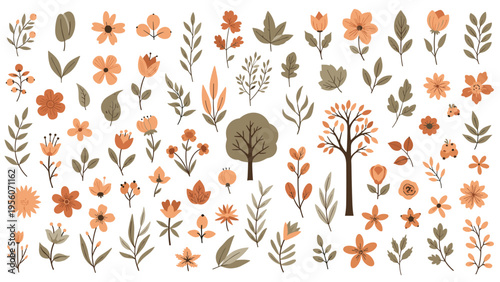 Extensive collection of autumn leaves, flowers, trees, and berries in a warm earthy color palette for seasonal design.