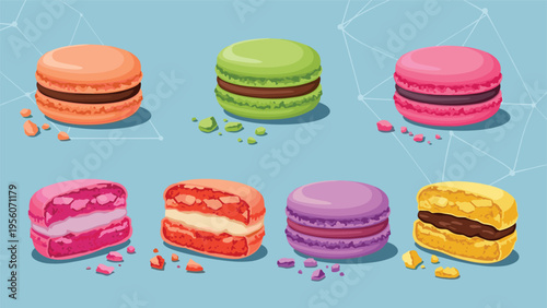 Colorful assortment of eight french macarons with different flavors and fillings on a blue geometric background.