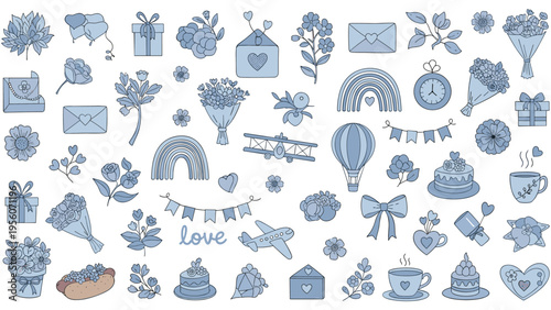 Large set of blue and white spring icons featuring flowers, gifts, birds, letters, and coffee for love and wedding themes.