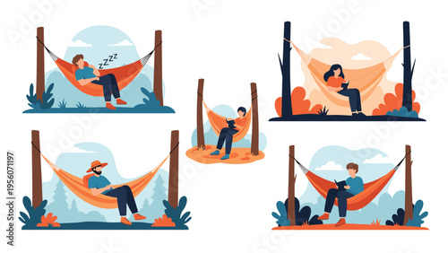 Set of illustrations showing people relaxing, sleeping, and reading in hammocks outdoors among trees and nature.