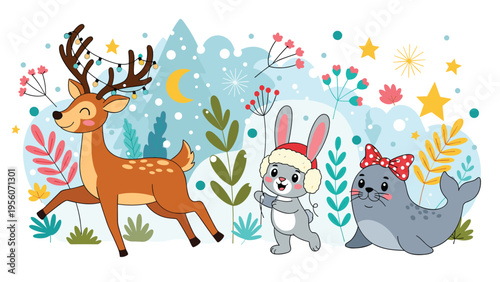 Cute forest animals like deer rabbit and seal wearing winter hats and bows in a magical snowy landscape with stars and plants.