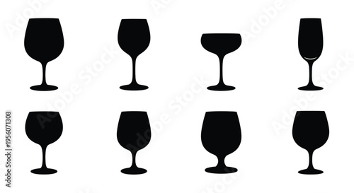 A collection of various black silhouette wine glasses on white background