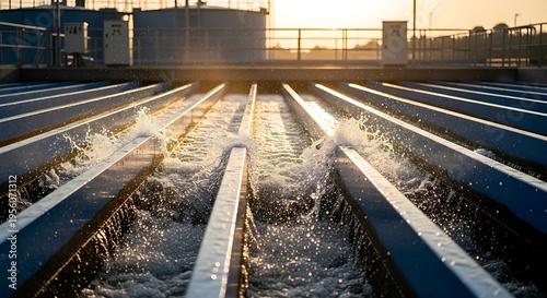 Wastewater treatment plant with aeration tanks and water splashing at sunset, industrial water purification process.