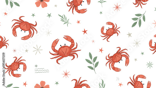 Seamless pattern featuring red crabs green leaves flowers and stars on a white background for nautical and ocean themed design.