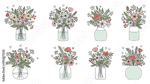 Eight different hand drawn flower bouquets in glass jars and vases with colorful petals and green leaves on white background.