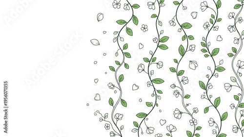 Delicate green vines with small white flowers and hearts growing vertically on a white background for elegant nature wallpaper.