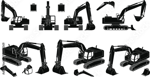 Excavator Silhouette Collection with Hydraulic Construction Machines Buckets and Heavy Equipment Vehicles for Engineering Industrial Work and Building Site Vector 
