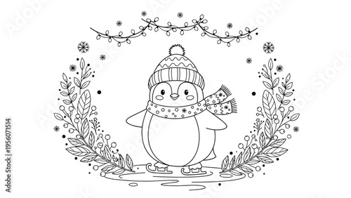 Cute little penguin wearing a hat and scarf ice skating inside a winter wreath of pine branches berries and fairy lights.