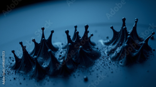 Dark blue backdrop with multiple black crown shaped droplets, sharp spikes pointing upwards, smooth reflective surfaces,