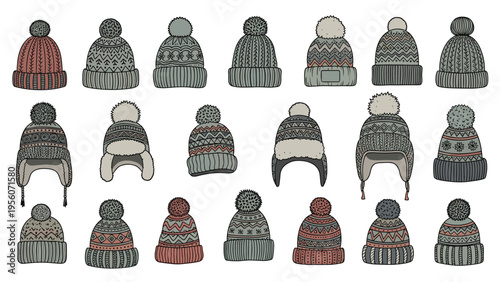 Large assortment of knitted winter hats with various patterns pom poms and ear flaps for cold weather fashion accessories.