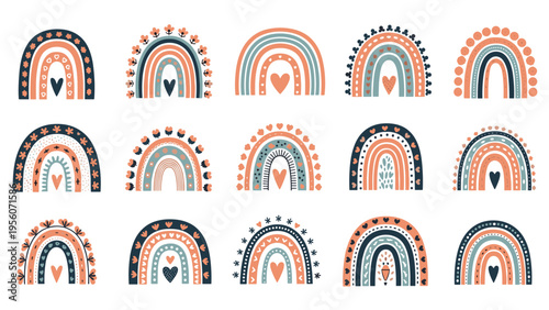 Set of fifteen various hand drawn rainbows with different colors patterns and hearts for modern nursery and kids design projects.