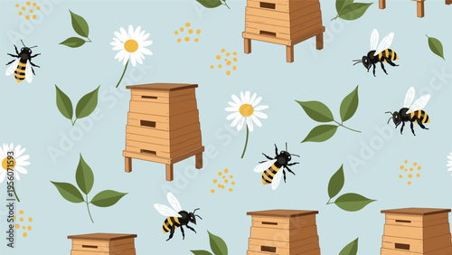 Seamless pattern with wooden beehives flying bees daisies and pollen on a light blue background for honey farm theme design.