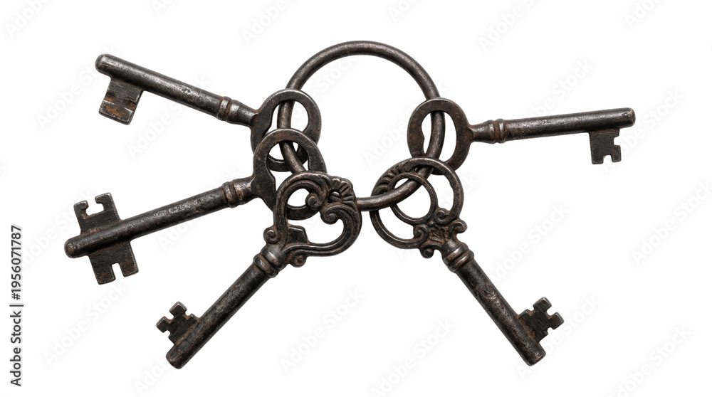 Obraz premium Antique Skeleton Keys on a Metal Ring, Vintage Dark Iron Key Collection for Security, Access, and Mystery Concepts isolated PNG with Transparent Background