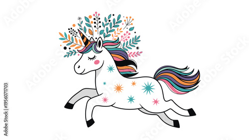 Whimsical white unicorn jumping through the air with a colorful mane and a crown of flowers and leaves on its head.