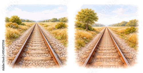 A beautiful collection of watercolor railroad track landscapes, featuring scenic railway lines through golden fields and soft countryside views isolated on a transparent background.