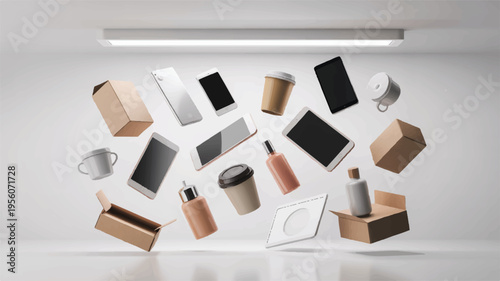 Assortment of flying objects including phones, coffee cups, boxes, and bottles in a bright, minimalist studio, white background