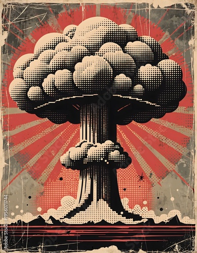 Vector Pixel Art Nuclear Explosion Mushroom Cloud with Halftone Dot Effect on Grunge Background for Retro Apocalypse Concept or Video Game Asset Design