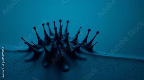 A cluster of black droplets forms a spiky structure with rounded tips, resembling a crown or virus, set against a cool b