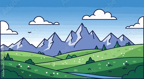 Charming cartoon landscape with towering mountains and gentle rolling hills a beautiful illustration of nature's peaceful serenity featuring a