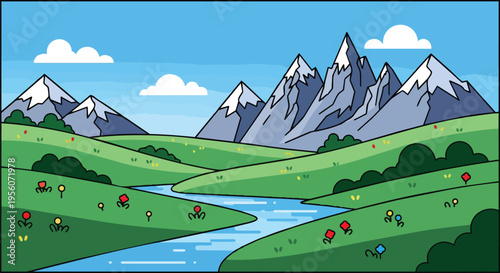 A vivid animated panorama showcasing majestic snow-capped mountain ranges, a serene winding river flowing through verdant rolling hills adorned with