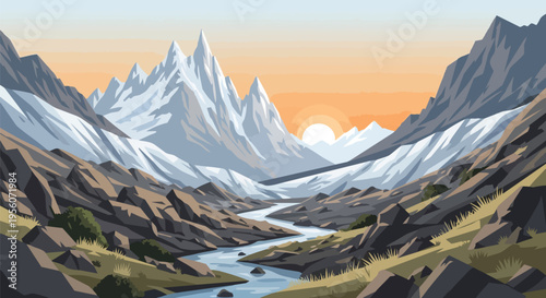 Majestic mountain range at dawn with a winding river carving through the rugged valley landscape
