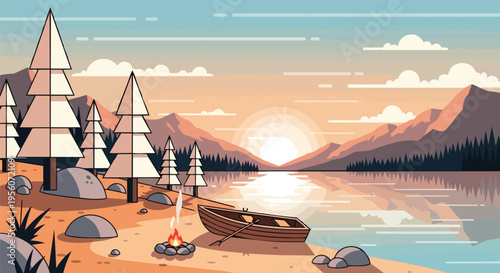 Serene lakeside camping illustration with mountains, lake, campfire, boat, and pine trees at sunrise or sunset. Beautiful outdoor escape vista.