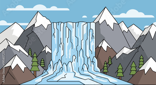 Majestic cartoon waterfall cascades between snowy mountains and green pine trees under a serene sky. Vibrant flat design illustration of idyllic