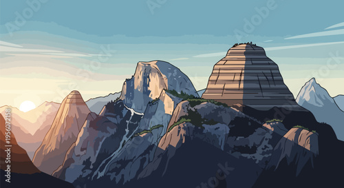 Stylized illustration of a majestic mountain range at sunrise, highlighting prominent peaks, intricate rock textures, and a serene, expansive