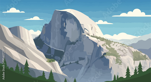 Majestic vector mountain landscape with prominent peaks, green forests, and a clear, wide blue sky