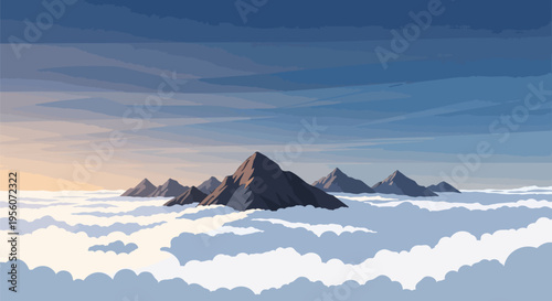 Serene vector landscape featuring majestic mountain peaks rising above a vast, fluffy cloud layer