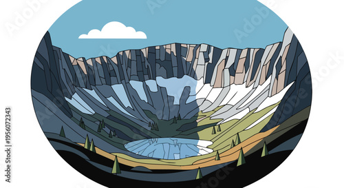 Vector landscape of a mountain valley with an icy lake, rugged cliffs, pine trees, and a cloud under blue sky