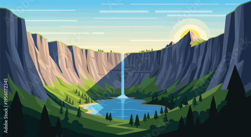 Majestic vector valley with towering cliffs, a serene waterfall, and tranquil lake at dawn.