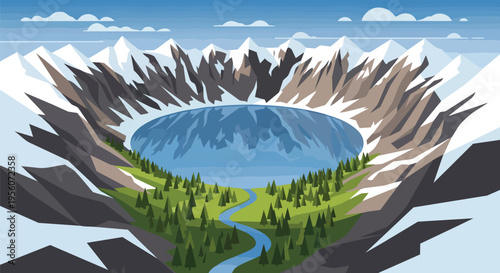 Majestic vector landscape featuring a serene crater lake nestled among snow-capped peaks