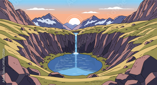 Vibrant cartoon landscape with majestic mountains and a serene waterfallA beautifully animated natural vista featuring towering peaks, a cascading