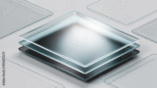 Stack of square glass panes with beveled edges on a light grey background with beveled edge