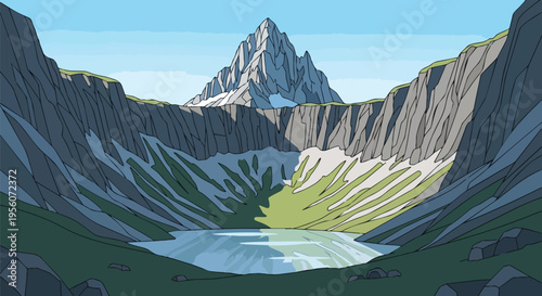 Illustrative vista of a majestic mountain and tranquil alpine lake reflecting the vast clear sky in a serene natural setting, depicting dramatic