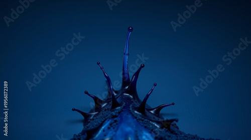 Deep blue liquid droplet hits the surface, creating a symmetrical crown splash with a towering central spire and suspend