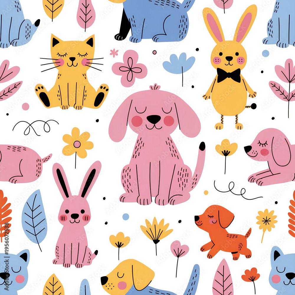 Obraz premium seamless pattern, cute cartoon animals, kittens, puppies, bunnies, pastel colors, flat vector, white background, children fabric print, stationery