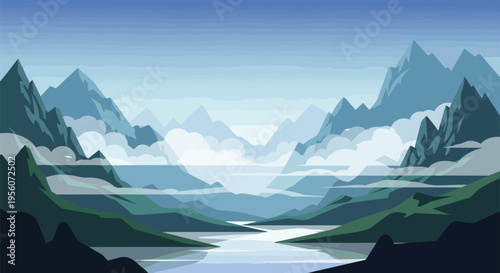 A captivating flat design illustration of a tranquil mountain landscape with a calm river flowing through misty valleys and towering peaks under a
