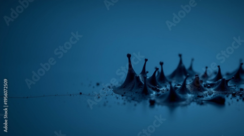 Deep blue background captures the dynamic splash of a droplet impact, forming a sharp crown with scattered tiny beads, e