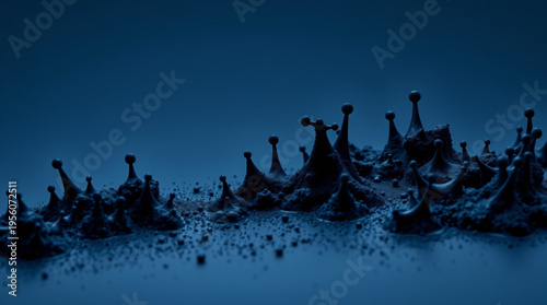 A surreal abstract microscopic landscape with sharp spiky formations resembling towers or crowns, covered in tiny partic